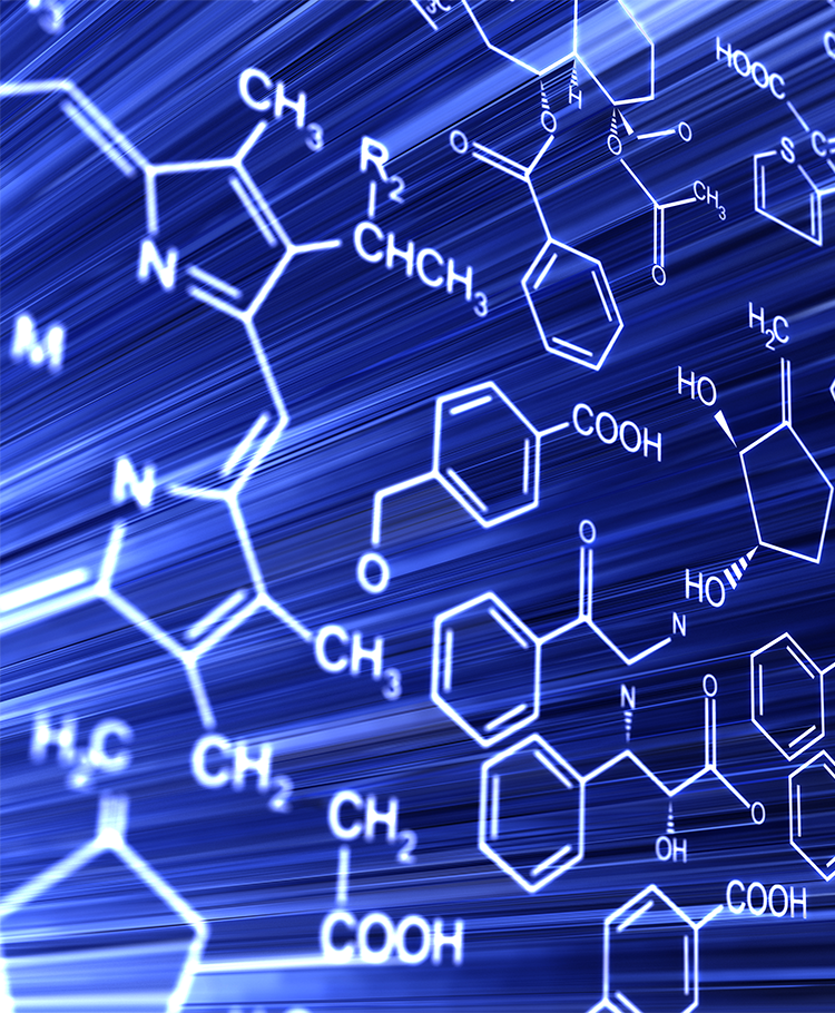 While chemical structures in front of a blue background